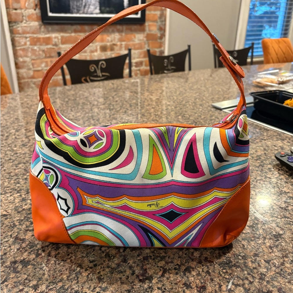 Emilio Pucci 
Orange Shoulder Bag with Psychedelic Swirl Design - Picture 2 of 8